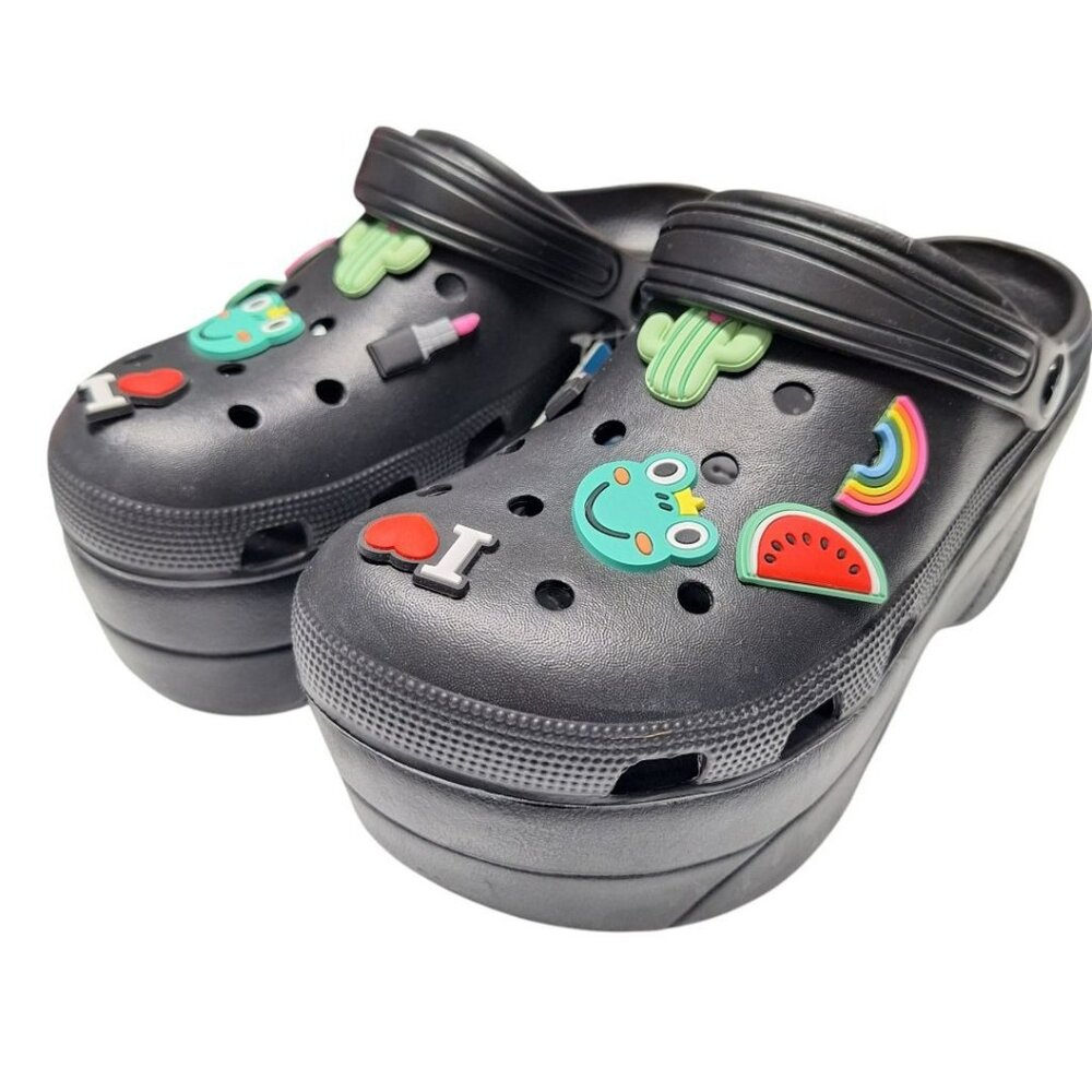 Voko‎ Platform Rubber Clog Charms Embelished Black Basic Womens Size 38 Strap